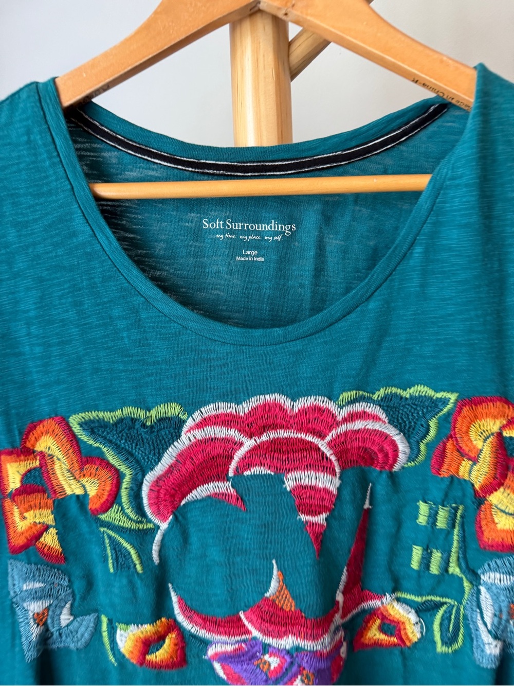 Soft Surroundings Teal Organic Cotton Shirt Floral Embroidered Size Large Top - Picture 3 of 6